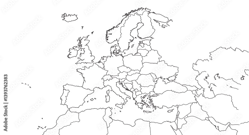 Fototapeta premium Detailed Outlined Map of Europe and Mediterranean Countries for Geography Studies