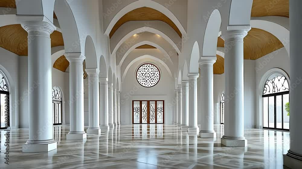 Elegant White Hall with Arched Columns and Large Windows in Modern Architecture

