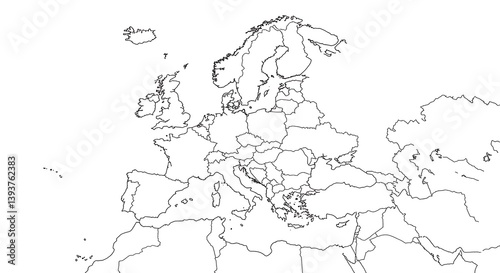 Detailed Outlined Map of Europe and Mediterranean Countries for Geography Studies