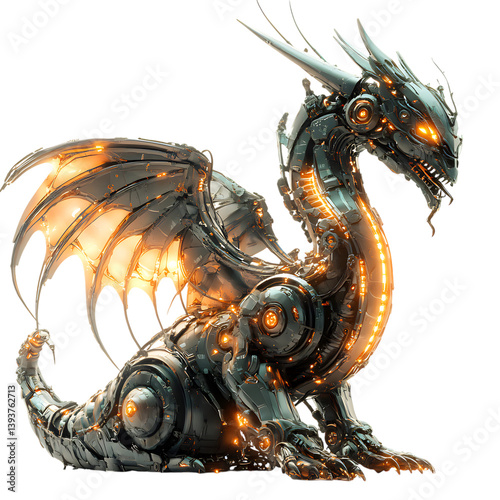 Mechanical Dragon with Glowing Energy Isolated on Transparent Background