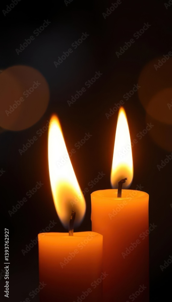 Close-up of two candle flames overlapping, creating a warm, flickering light, shadow, mystical Close-up of two candle flames overlapping, creating a warm, flickering light, shadow, mystical
