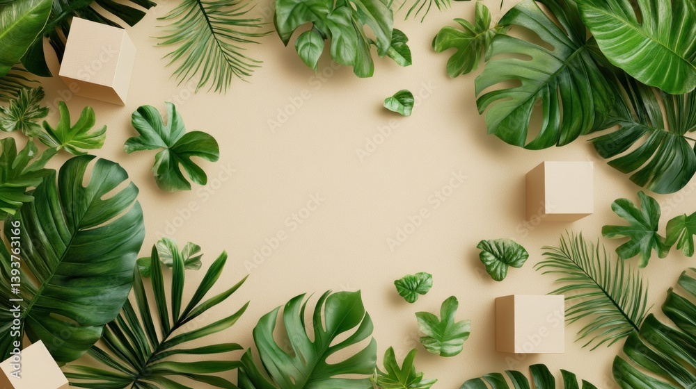 Fototapeta premium Tropical foliage arrangement on beige background