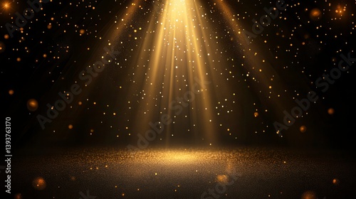 Golden spotlight rays on dark background with glitter.
