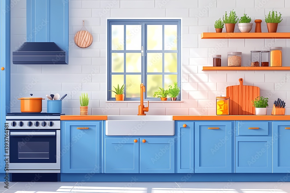 Fototapeta premium Modern Kitchen Interior Design with Stylish Blue Cabinets and Natural Light - Elegant Home Decor Inspiration