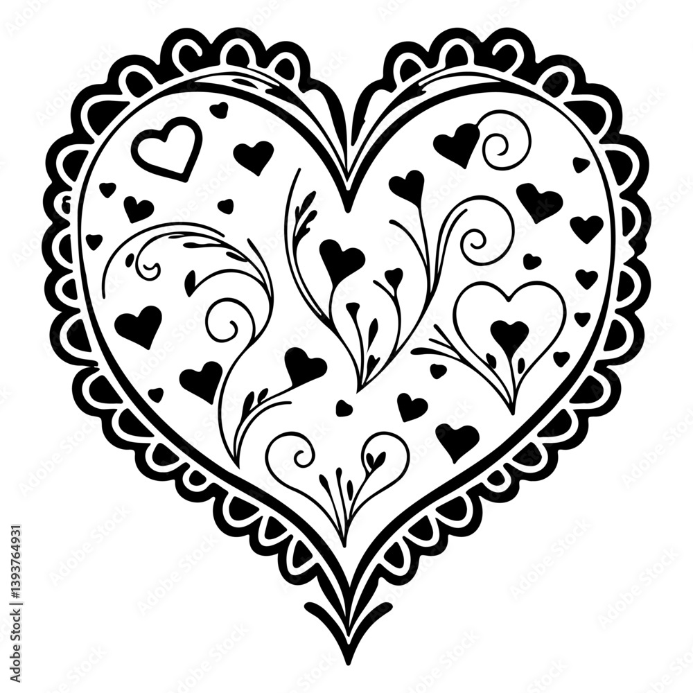 Elegant heart shape with floral and heart elements in detailed black and white Elegant heart shape with floral and heart elements in detailed black and white