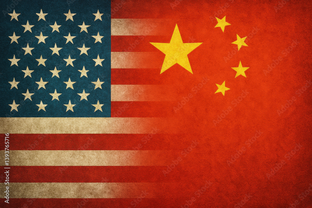 Fototapeta premium Bandera de Estados Unidos, USA, con degradado hacia la bandera de China. Fondo con textura. Imagen que ilustra la situación económica actual. 