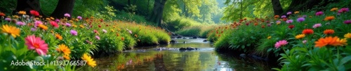 Vibrant wildflowers surround a serene forest stream , nature, serene