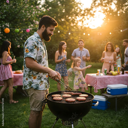 Adult male grilling food at a backyard barbecue party with friends and family