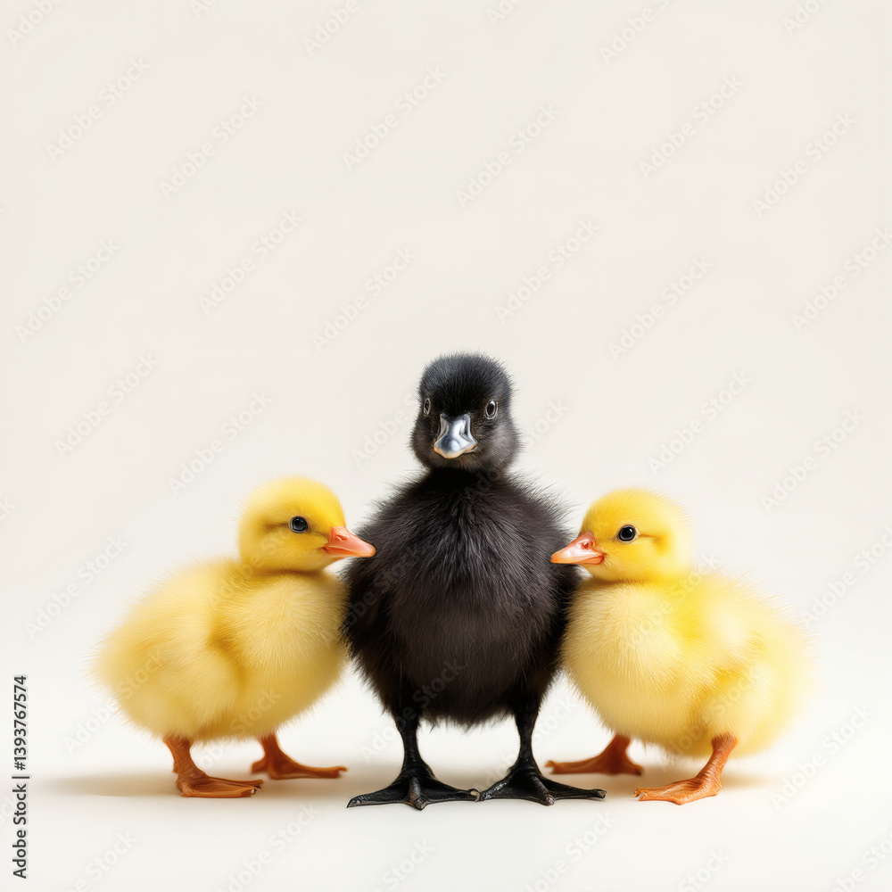 Fototapeta premium Black Baby Duck Among Yellow Ducklings, Diversity, Individuality, Uniqueness Concept Stock Photo | Cute, Adorable, Wildlife, Nature, Contrast, Inclusion