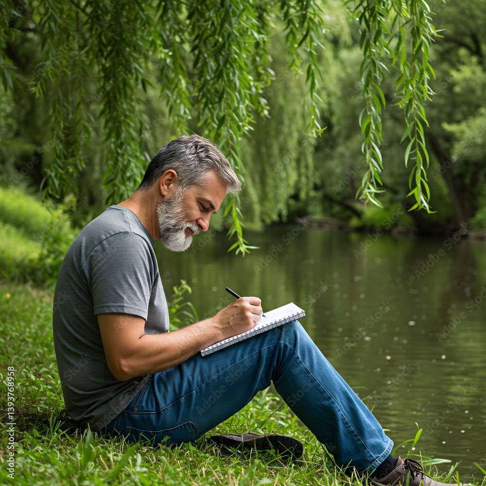 Mature adult male sitting by a river, thoughtfully writing in a notebook