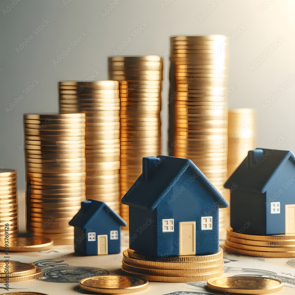 Small blue houses and rising stacks of golden coins on a surface with scattered coins Small blue houses and rising stacks of golden coins on a surface with scattered coins