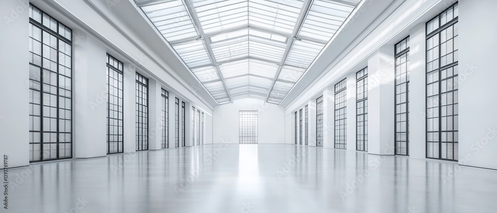 Fototapeta premium Empty Modern White Gallery Hall with Skylight Roof and Tall Industrial Windows