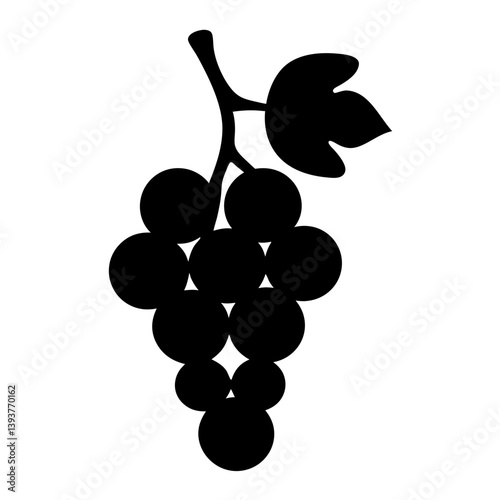 A Simple Black Silhouette of a Bunch of Grapes with Stem and Leaf