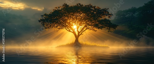 Golden tree water reflection peaceful nature scene