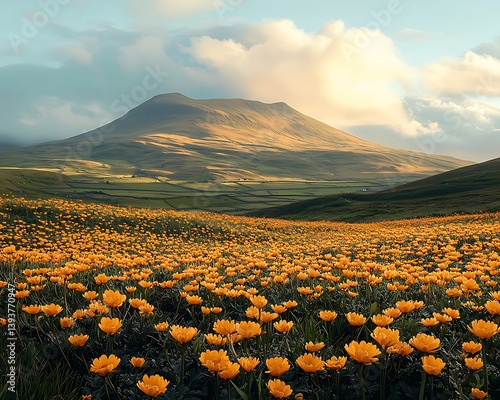 Golden wildflower field mountain landscape