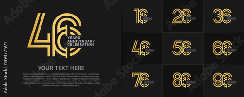 Anniversary logo type set with double line number. golden and silver color for celebration event