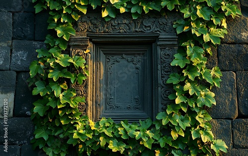 Green ivy wreath on rustic door