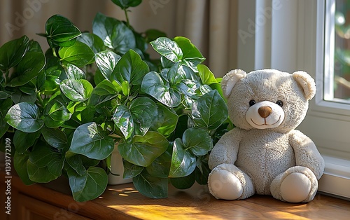 Grey teddy bear green plant windowsill sunlight