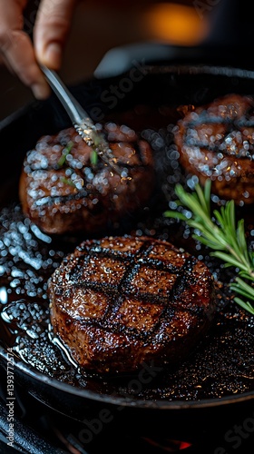 Grilled meat patties rosemary garnish dark cast iron pan
