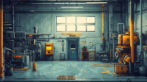 Interior of Industrial Workshop Filled with Machinery and Metal Equipment in Shades of Gray Illustration with Pixel Art Style