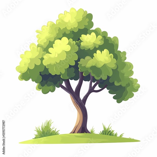 Cartoon Nature Illustration: Vibrant Green Tree with Leafy Foliage in a Picturesque Woodland Landscape
