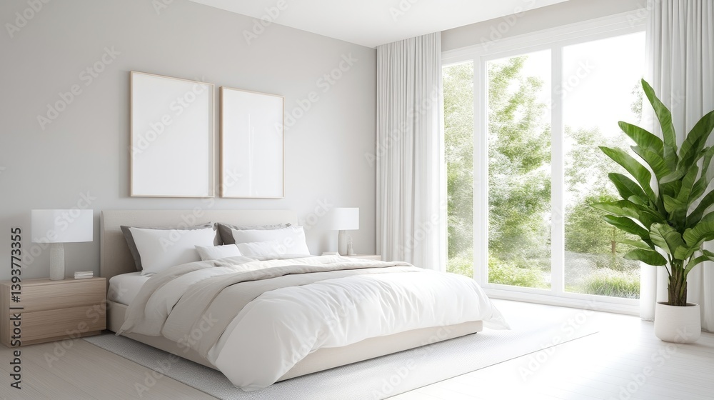 Fototapeta premium Modern bedroom with natural light. Spacious and calm, a minimalist design
