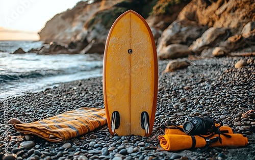 Handcrafted wooden surfboard beach scene