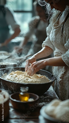 Hands kneading dough rustic kitchen setting