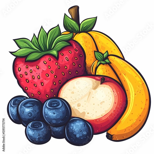 Colorful Organic Fruit Illustration - Healthy Nutrition Vector Featuring Strawberries, Bananas, Apples, and Blueberries photo