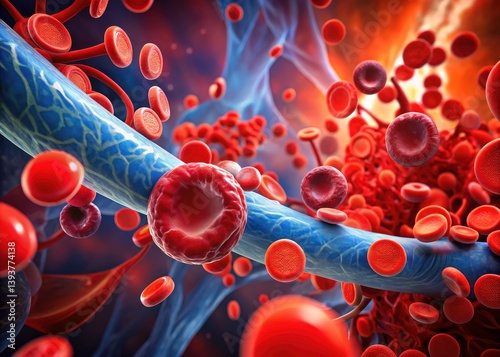 Microscopic Blood Vessel: Red Blood Cell Flow, High-Resolution Blood Cell Image, Detailed Vein Anatomy, Human Blood Circulation