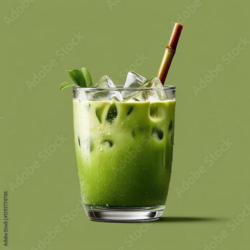 A glass of iced matcha latte with layered green tea and milk, featuring ice cubes and a bamboo straw, creating a refreshing and stylish beverage presentation.

