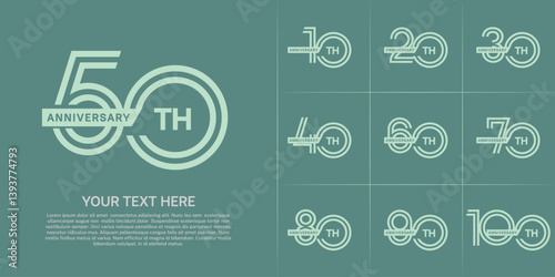Anniversary logo type set with double line number. green color with ribbon for celebration event