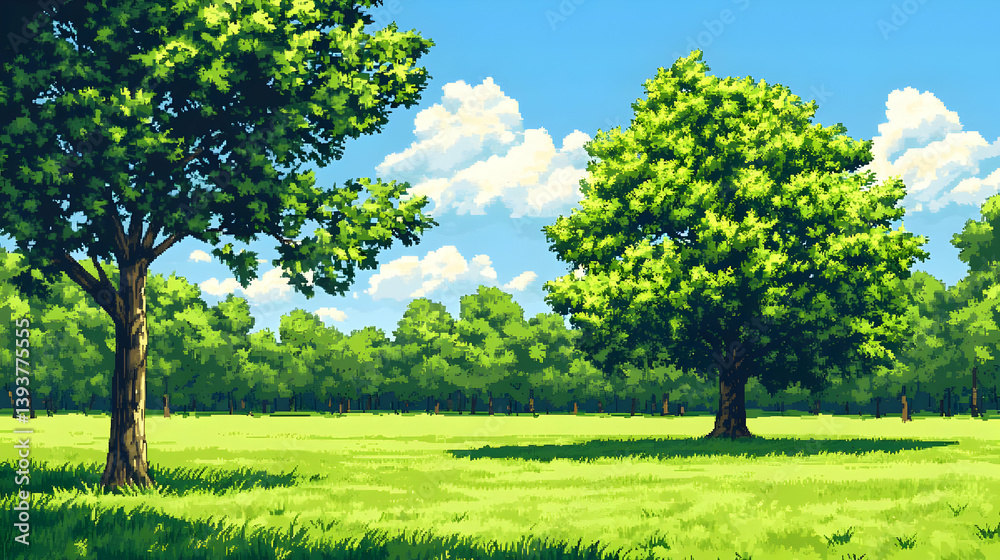 Lush Green Meadow with Trees Under a Bright Blue Sky Pixel Art Style Landscape Lush Green Meadow with Trees Under a Bright Blue Sky Pixel Art Style Landscape