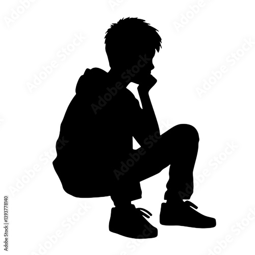 考え事をしたり心配したりしている少年のシルエット。ベクターイラスト