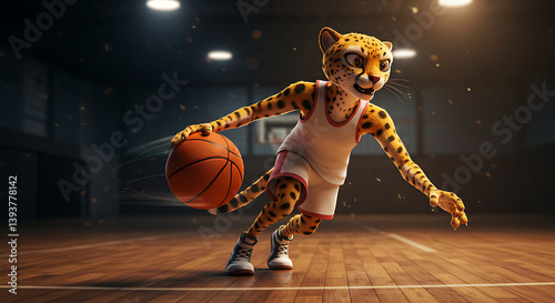 Cheetah Cartoon Playing Basketball Dribbling with Energetic and Playful Expression