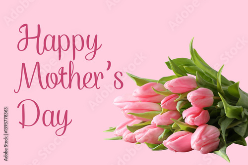 Obraz na płótnie Happy Mother's Day, A cheerful card with pink tulips wishes a happy Mother's Day on a pink background w salonie