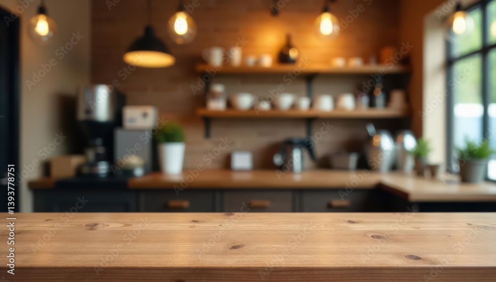 Empty wooden tabletop, blurred cafe backdrop Ideal for product display , items, product Empty wooden tabletop, blurred cafe backdrop Ideal for product display , items, product