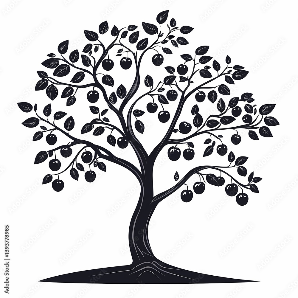 Fototapeta premium Black Tree Vector Illustration with Apple Fruit and Leaf Details for Organic Farm and Agriculture Art
