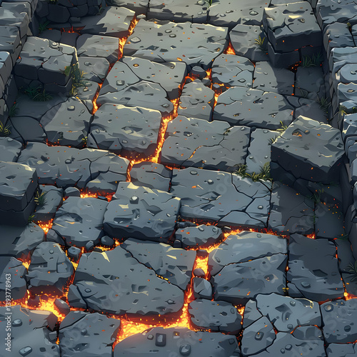 Gray Stone Blocks with Molten Lava Abstract Texture Background Hot Surface Structure with Heat Design Old Rock Material
