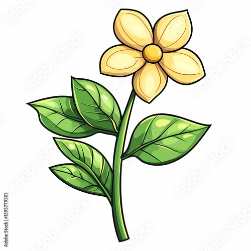 Vintage Botanical Illustration: Whimsical Yellow Flower and Leaf Icon with Nature-Inspired Organic Shapes