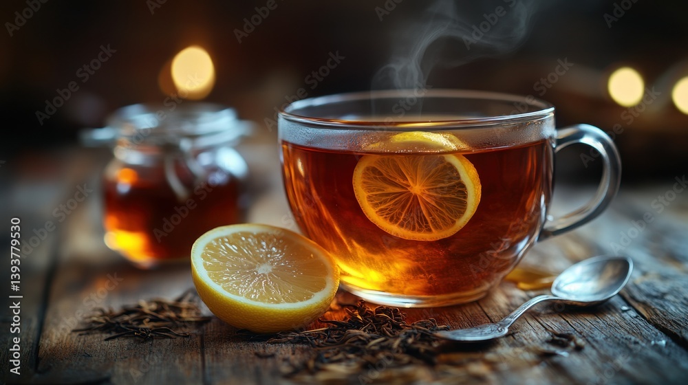 Warm, comforting cup of tea with lemon Warm, comforting cup of tea with lemon