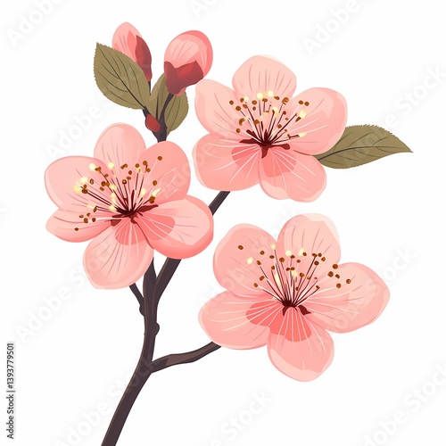 Elegant Pink Blossoms on Botanical Branch: Vibrant Floral Spring Illustration with Sakura Colors