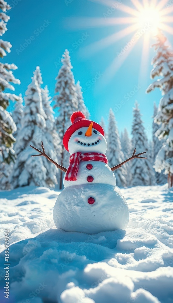Obraz premium Joyful snowman basks in sunlit snowy forest clearing, vibrant blue sky, scene, picturesque