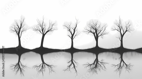 Serene Black-and-White Silhouetted Tree Reflection: Minimalist Nature Landscape