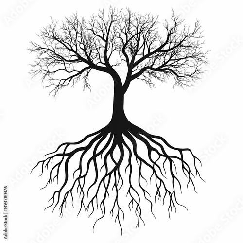 Monochrome Tree Roots Silhouette: Black and White Woodland Illustration of Nature and Environment