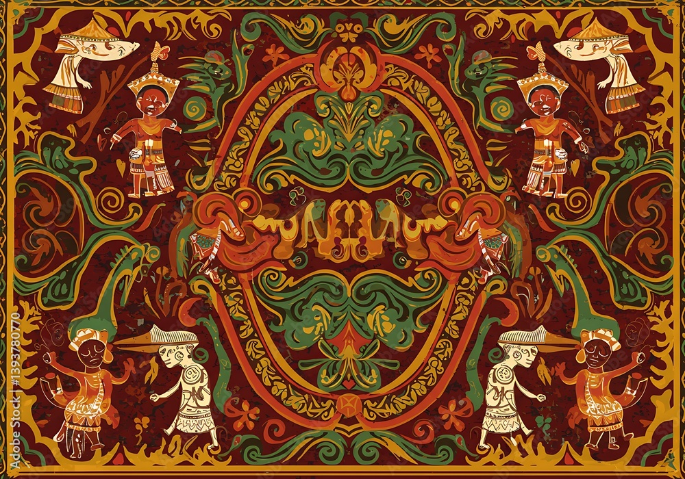 Naklejka premium Intricate Ethnic Art Pattern with Figures and Floral Motifs Design
