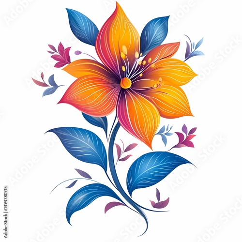 Vibrant Floral Illustration: Colorful Orange and Blue Petals with Botanical Art Design in a Modern Nature-Inspired Style