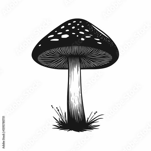Black and White Mushroom Illustration: Botanical Fungi Art Print for Unique Whimsical Decor in a Vintage Style