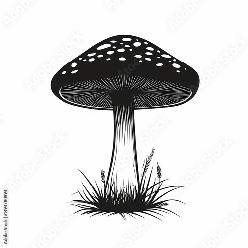 Botanical Mushroom Illustration: Black and White Ink Drawing of Forest Fungi
