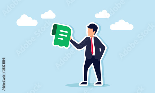 A businessman carries a paper document, illustration of a company document or partnership agreement or billing invoice